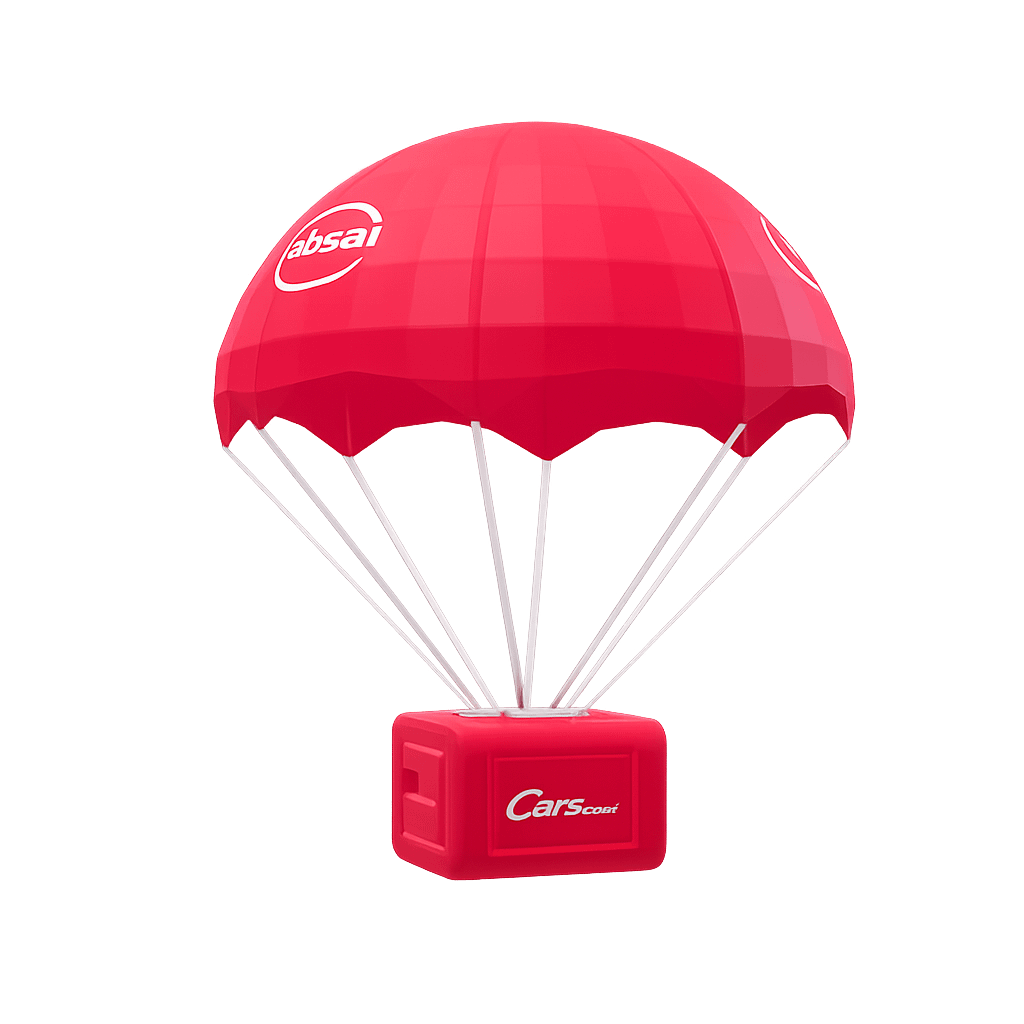 3D red parachute branded with Absa and Cars.co.za, used as a virtual prize drop in the augmented reality retail activation.