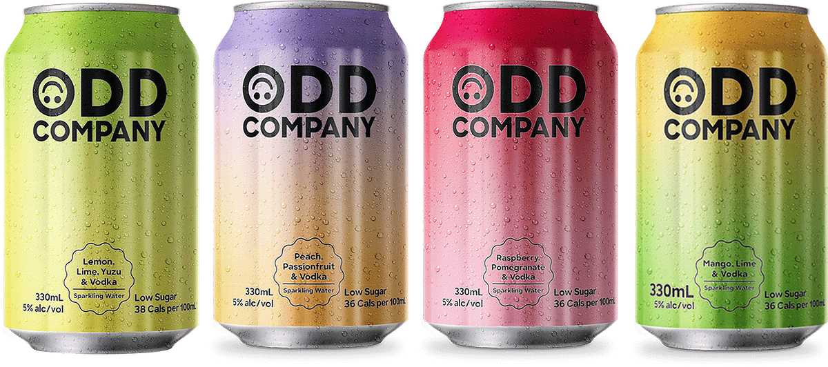 Odd Company AR festival campaign cans in multiple flavors including Lemon Lime Yuzu Vodka, Peach Passionfruit Vodka, Raspberry Pomegranate Vodka, and Mango Lime Vodka.