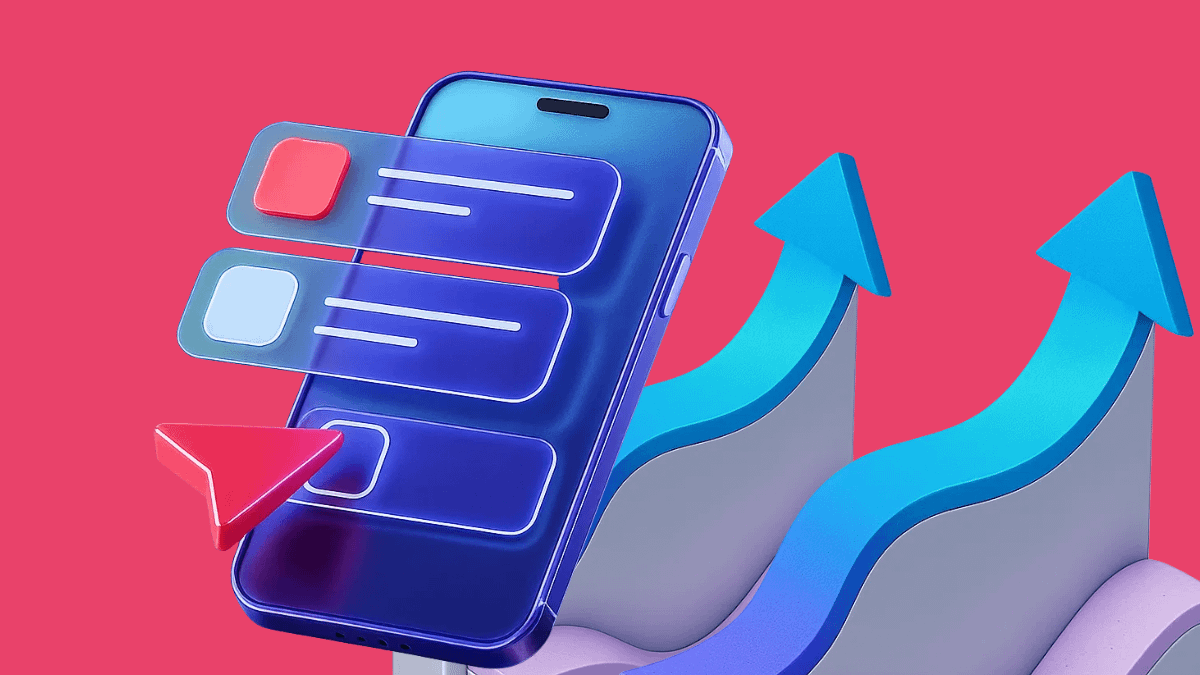 3D illustration of a mobile phone with rising performance arrows, representing the growth, speed, and accessibility of WebAR in AR marketing strategies.