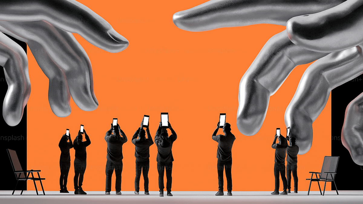 Silhouetted people stare at glowing phones while giant hands loom above them, representing the dominance of AI-generated content and lost brand individuality.