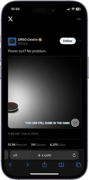 Example of Oreo making use of the trending blackout at the Superbowl