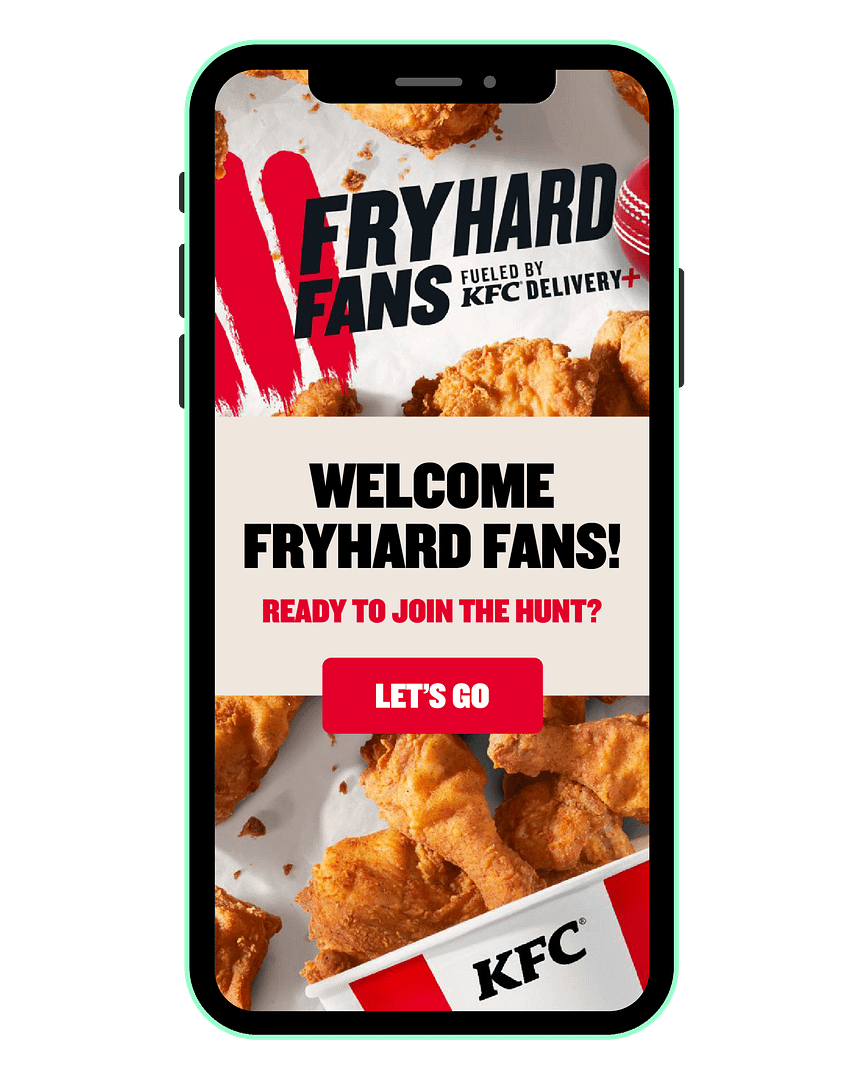 Welcome screen of the KFC Fryhard Fans AR activation inviting players to join the virtual hunt.